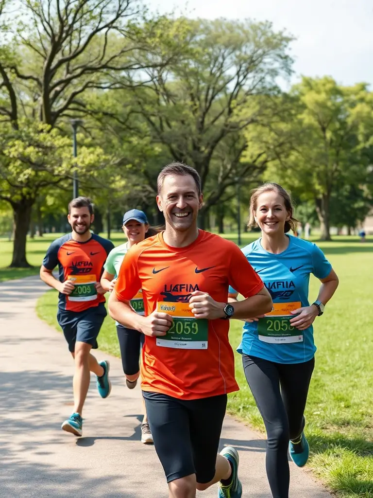 A group of TEAM BPM BZH members participating in a community running event, wearing branded jerseys, running through a scenic local park, promoting health, fitness, and community engagement.