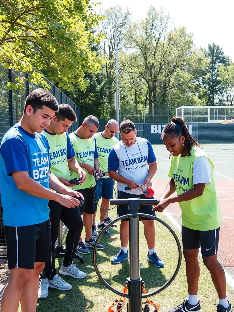 Image of TEAM BPM BZH members volunteering at a local sports facility, cleaning and maintaining equipment, demonstrating their commitment to community service and promoting access to sports for all.