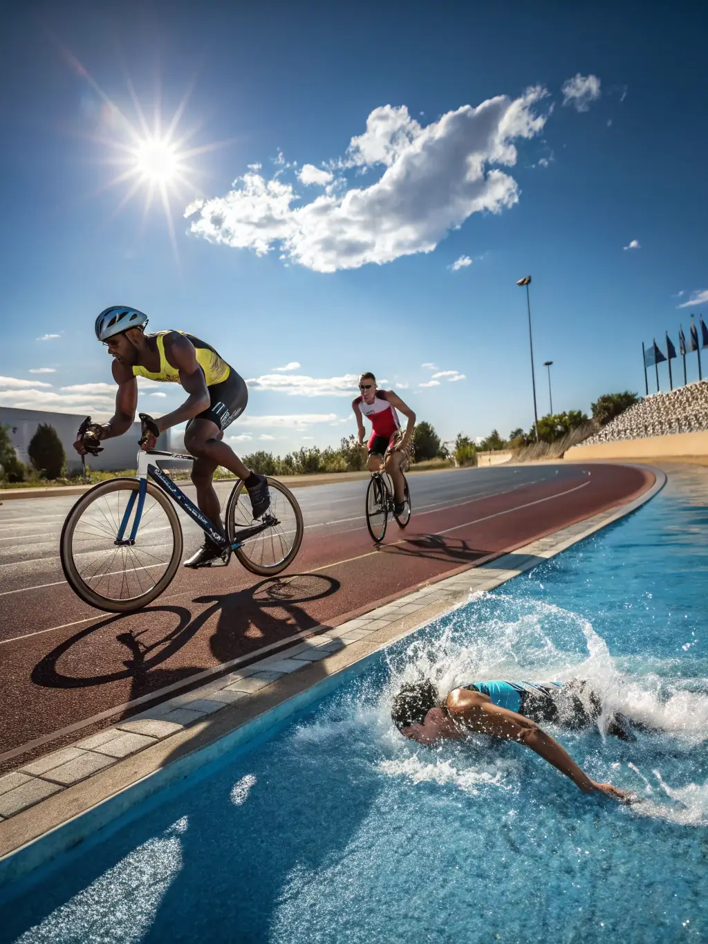 A diverse group of athletes participating in a TEAM BPM BZH triathlon training camp, highlighting the variety of sports involved.