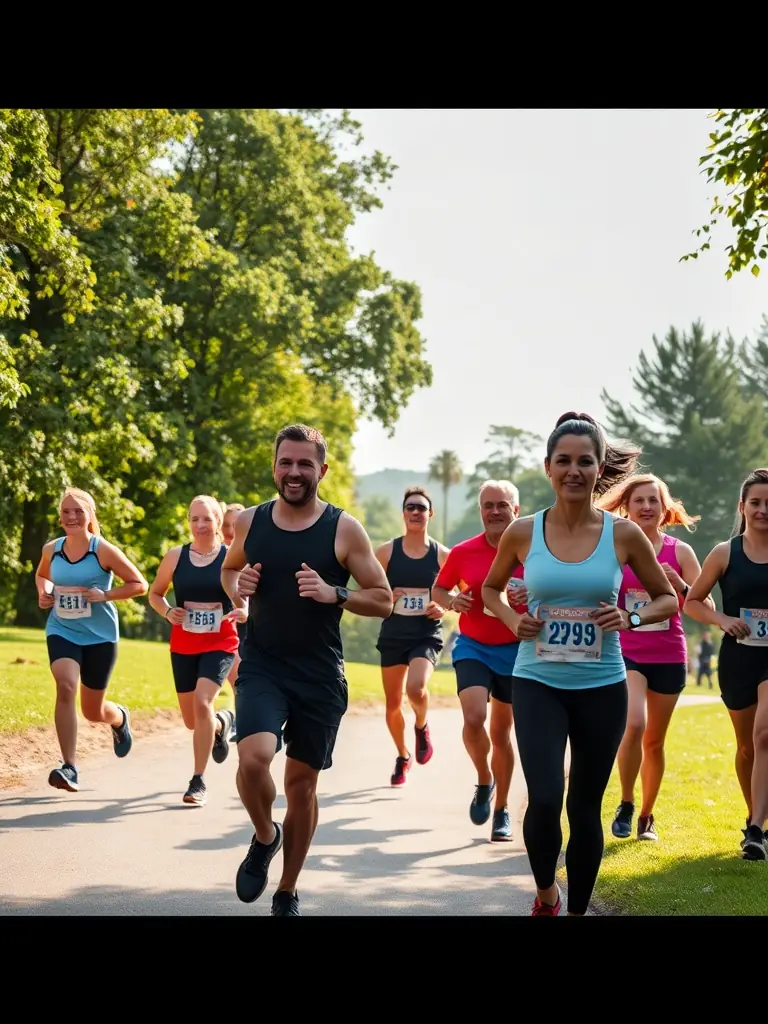Participants in a TEAM BPM BZH running club, jogging through a scenic trail, emphasizing fitness and community.