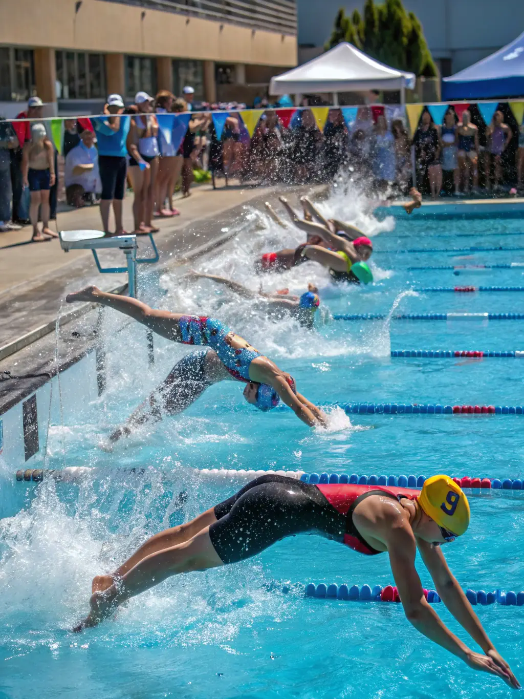 Action shot of a diverse group of athletes participating in a TEAM BPM BZH-organized triathlon, showcasing swimming, cycling, and running segments, under a bright, sunny sky, emphasizing teamwork and individual achievement.