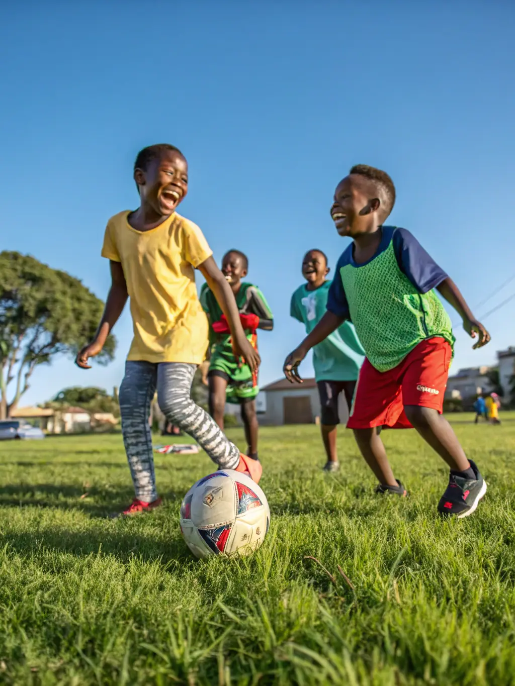 Image of children participating in a TEAM BPM BZH-sponsored youth sports camp, focusing on fundamental skills in various sports, with coaches providing guidance and encouragement in a fun, supportive environment.