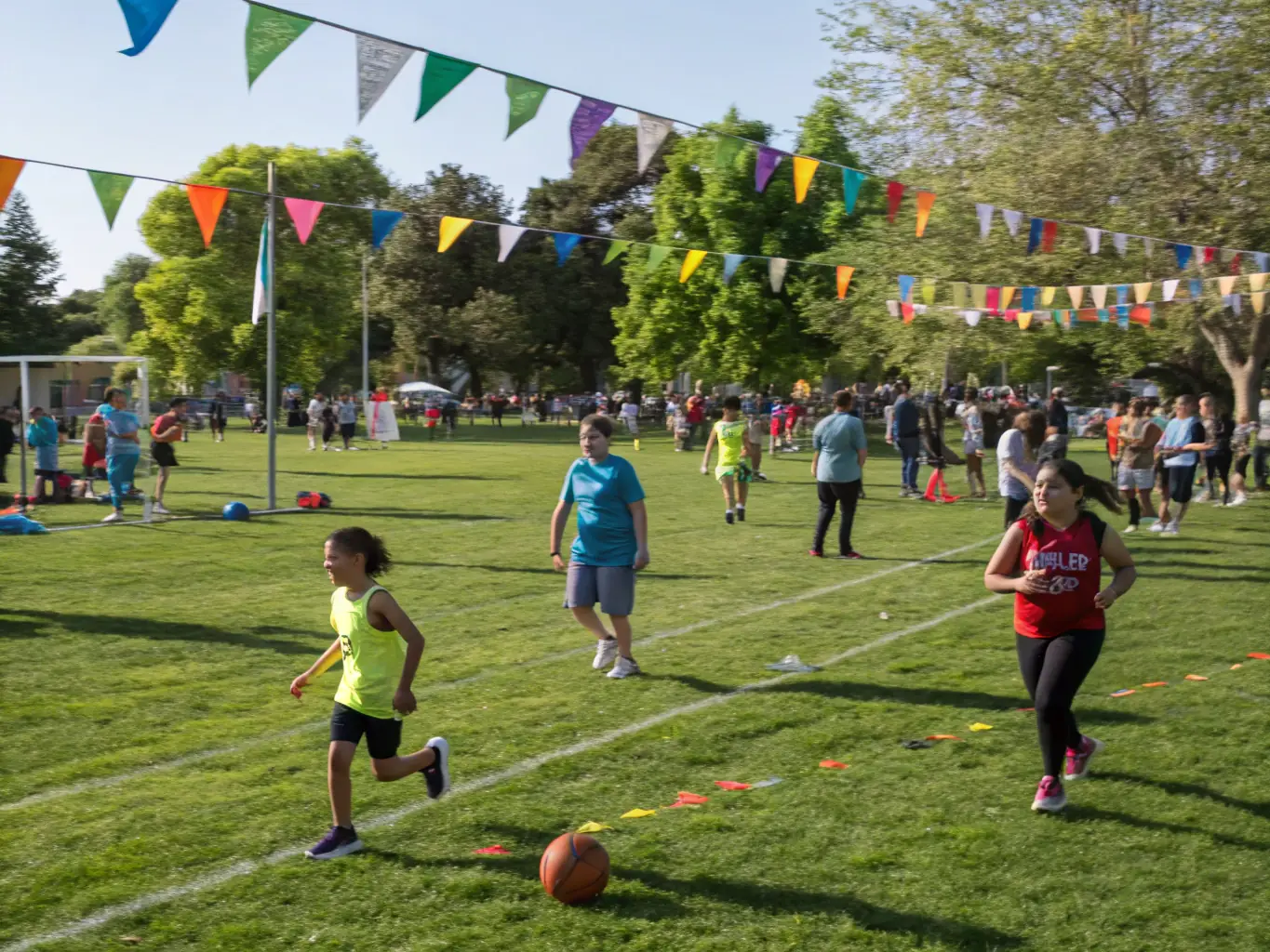 A dynamic image of participants engaged in a TEAM BPM BZH community sports event, highlighting the fun and inclusive atmosphere.