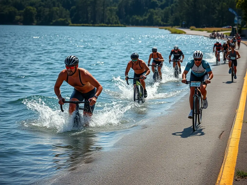 An inspiring image of athletes competing in a local triathlon event, highlighting TEAM BPM BZH's commitment to competitive sports.